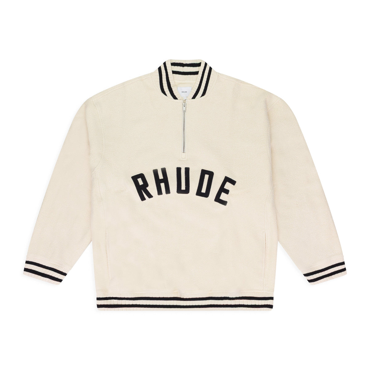 CREAM QUARTER ZIP VARSITY SWEATER