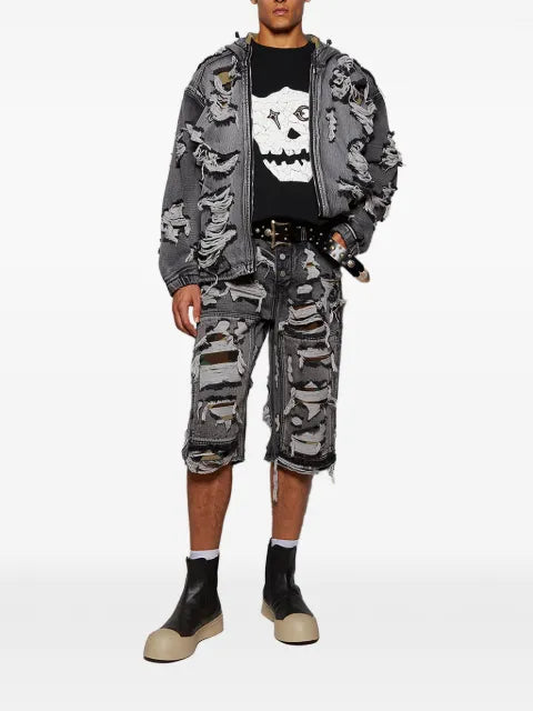 THUG CLUB Hell Denim ripped hooded denim jacket