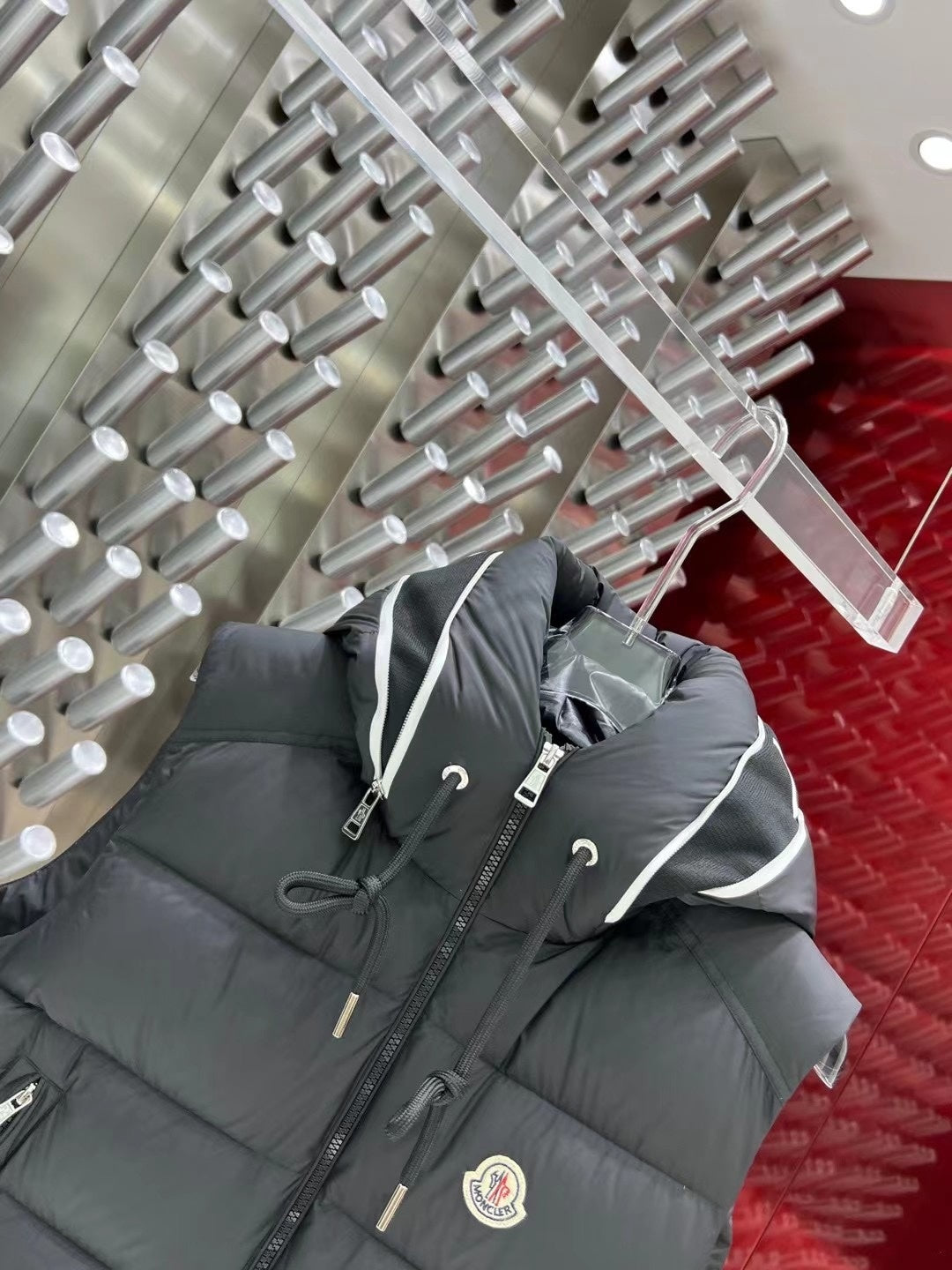 Moncler Charcoal Hooded Puffer Vest with Logo Trim