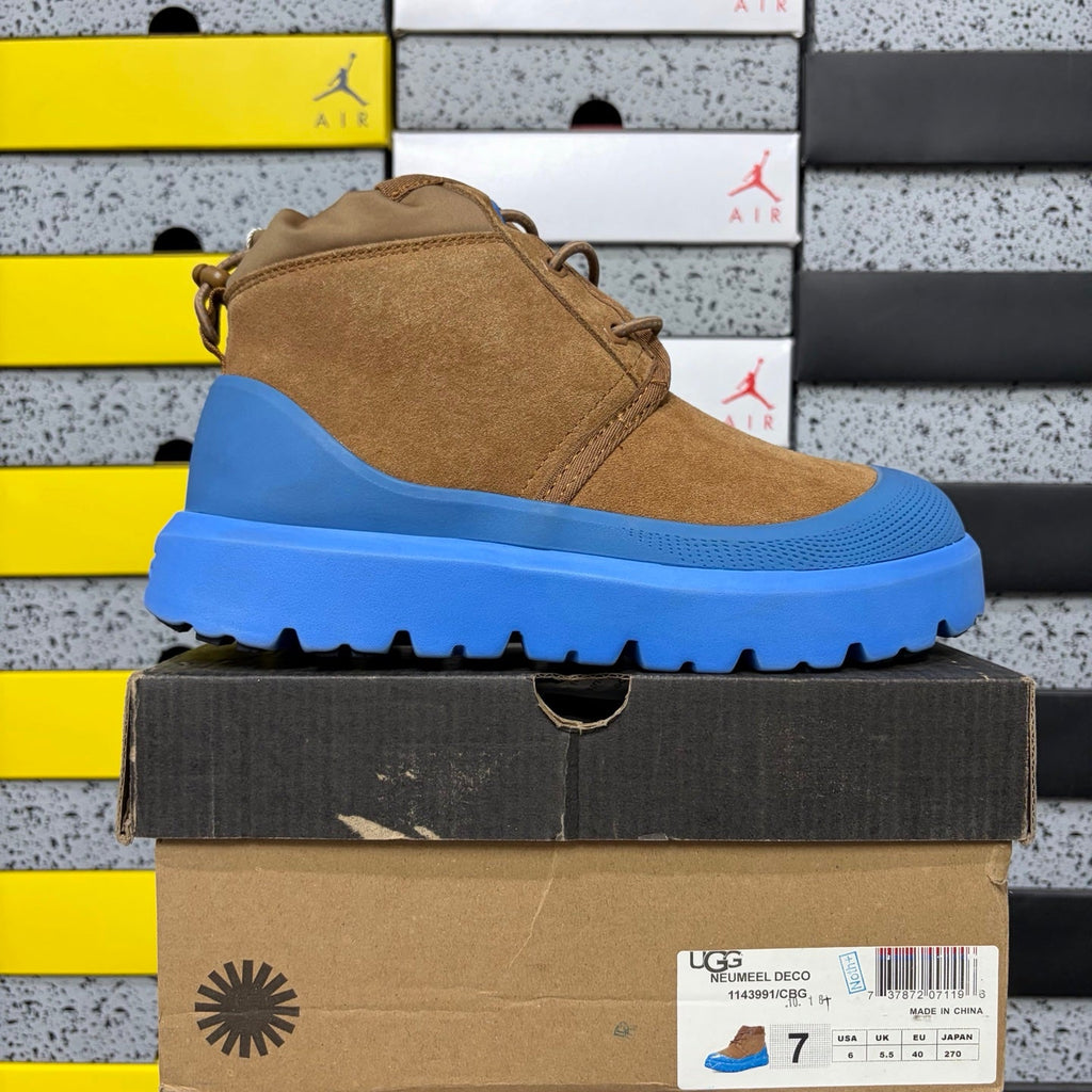 UGG Lace-Up Hiker Chukka Boot – Suede Boot with Blue Lug Sole, Knit Collar & Blue Eyelets in Tan