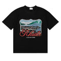 Rhude Coastal Town Postcard Scenery Red Script Logo Black Oversized T‑Shirt