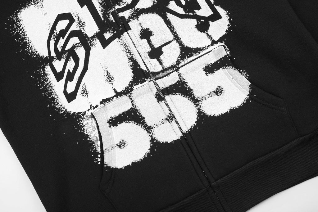 Sp5der Distressed Front Graphic Zip-Up Hoodie
