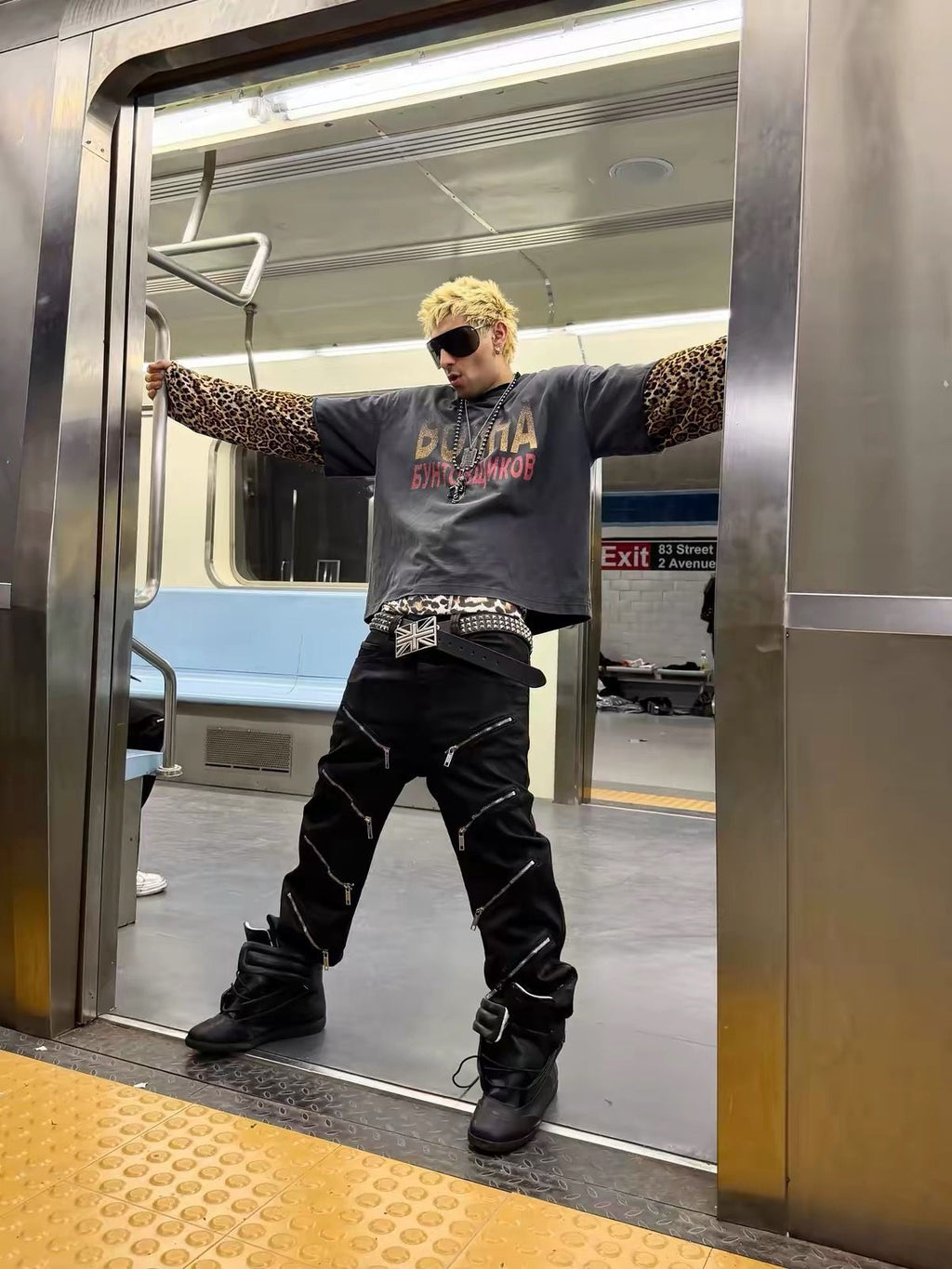 REBEL WAVE 26ss Union Flag Metal Pyramid Studded Cowhide Belt Punk