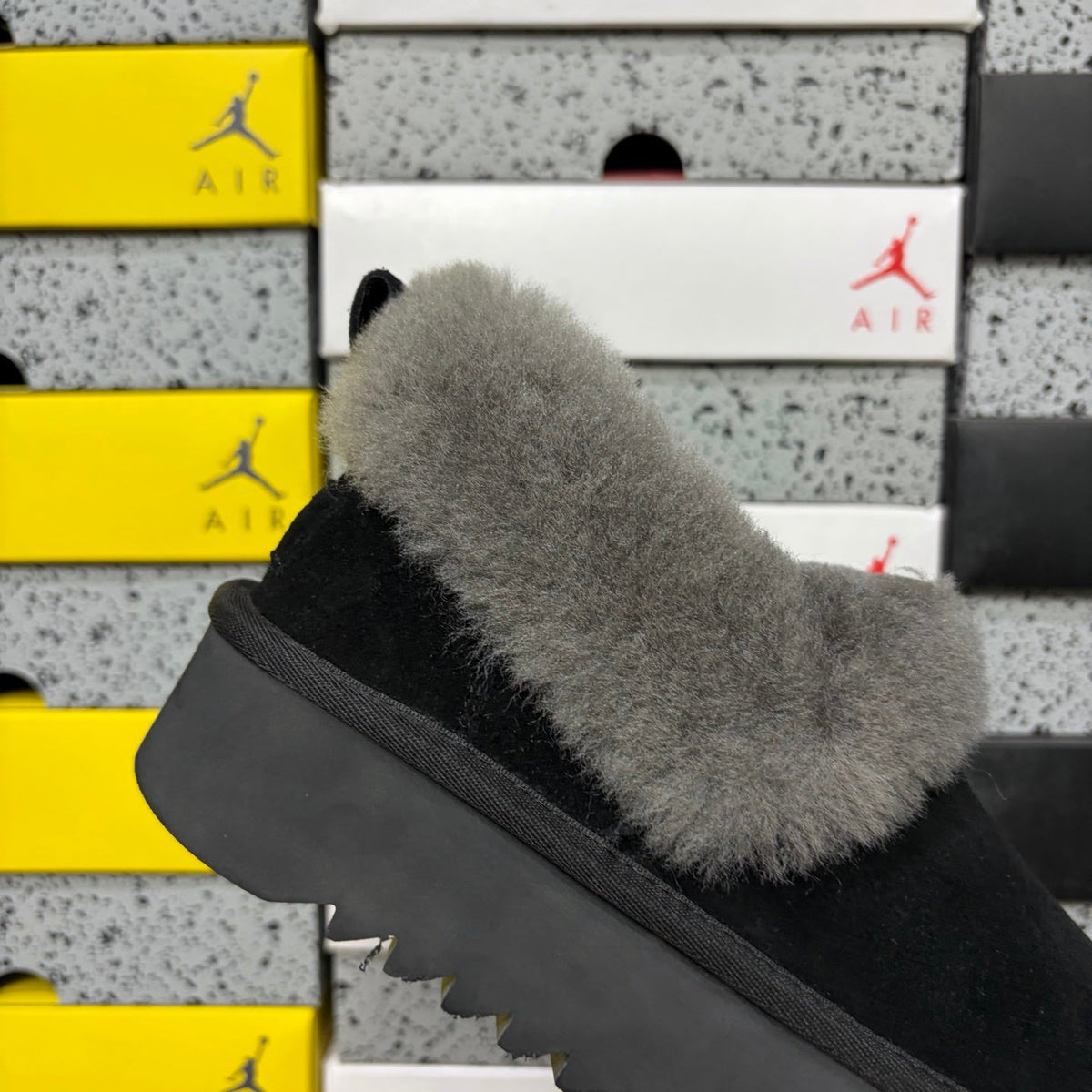 UGG Kallen Fold-Over Shearling Mule – Suede Open-Back Slipper with Grey Shearling Cuff & Chunky Lug Platform Sole in Black