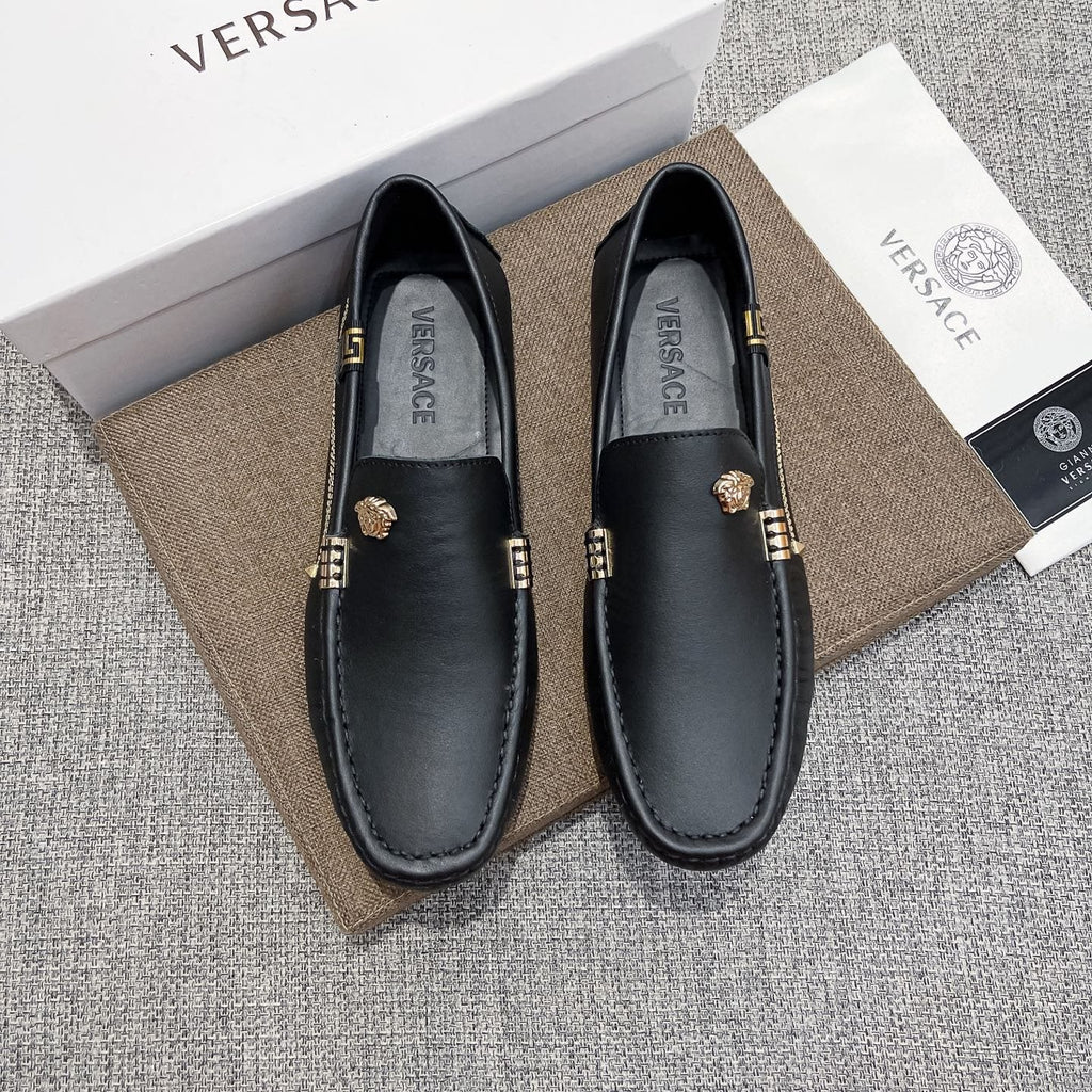 Versace Black Leather Loafers with Gold-Tone Accents