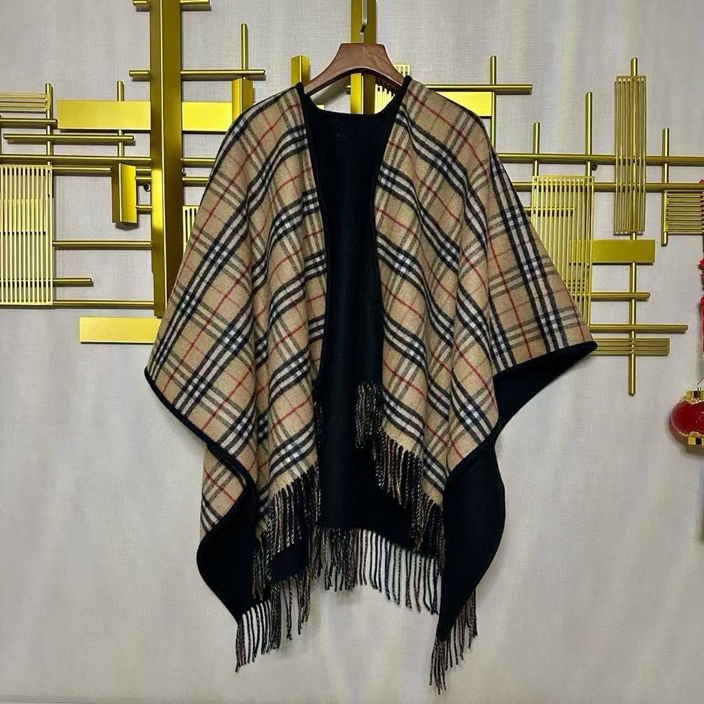 Burberry Reversible Plaid Fringed Poncho Wrap